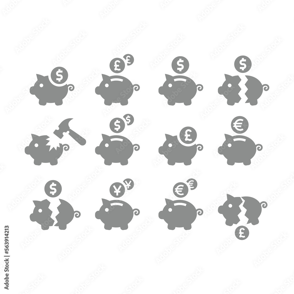 Broken piggy bank with hammer vector icon set. Inflation and money with dollar, yuan, pound and euro. Broken piggy bank with hammer vector icon set. Inflation and money with dollar, yuan, pound and euro.