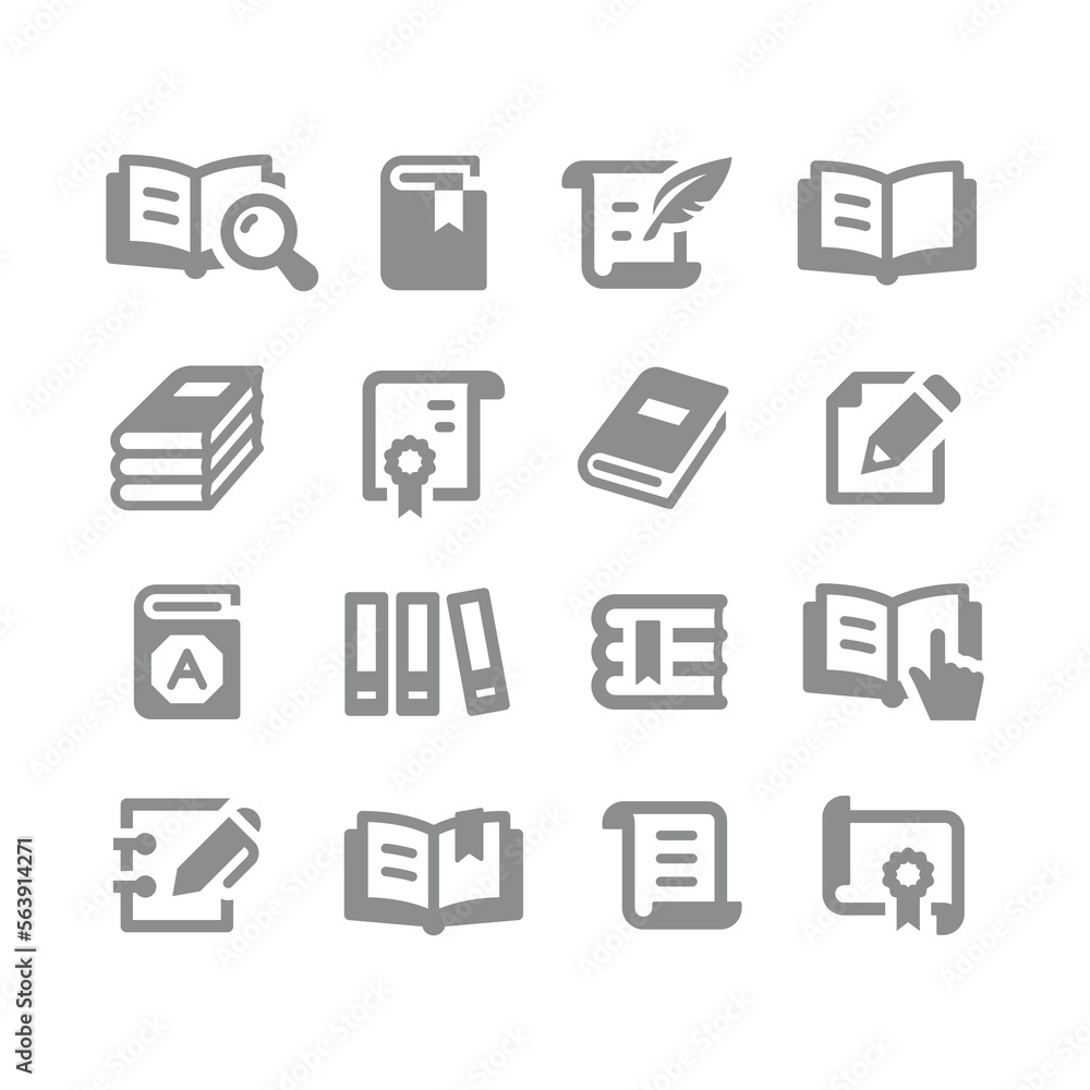 Book, open and textbook vector icon set. Pile of books, document and paper icons. Book, open and textbook vector icon set. Pile of books, document and paper icons.