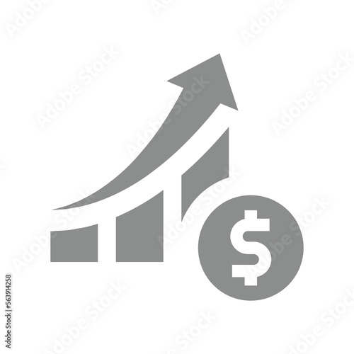 Bar chart, arrow and dollar coin. Money, inflation or growth finance vector icon.