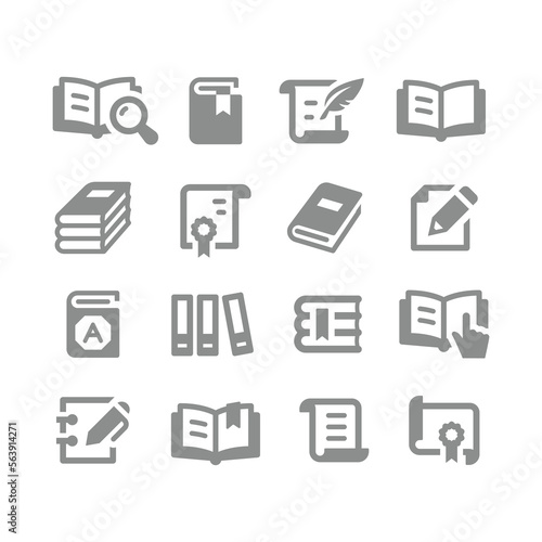 Book, open and textbook vector icon set. Pile of books, document and paper icons.