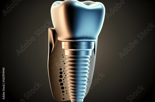 Computed tomography of an implant tooth attached to jaw with pin, Concept prosthetics. Generation AI