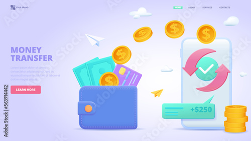 Online money transfer vector 3d illustration concept. Concept for landing page, template, ui, web, mobile app, poster, banner, flyer.