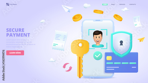 Secure payment, personal information security, account protection design concept for landing page. 3d vector illustration with tiny characters for landing page, website, banner, hero image