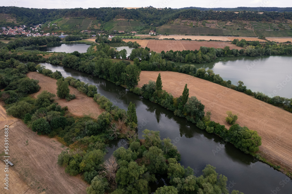 drone view of lake and river in europe in summer