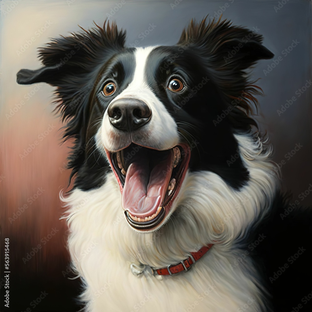 Portrait of a border collie dog with a surprised and happy face ,made with Generative AI