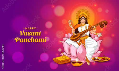 Happy Vasant Panchami indian festival celebration, Beautiful illustration of Goddess saraswati.