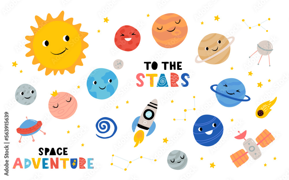 Cute planets of Solar system with happy faces. Funny celestial objects in outer space, rocket, ufo, satellite. Astronomy for children. Childish flat cartoon vector seamless pattern. Cute planets of Solar system with happy faces. Funny celestial objects in outer space, rocket, ufo, satellite. Astronomy for children. Childish flat cartoon vector seamless pattern.