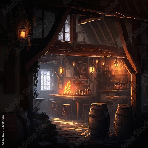 Valokuvatapetti Warm lit friendly medieval fantasy tavern inn, lanterns, concept art interior, a