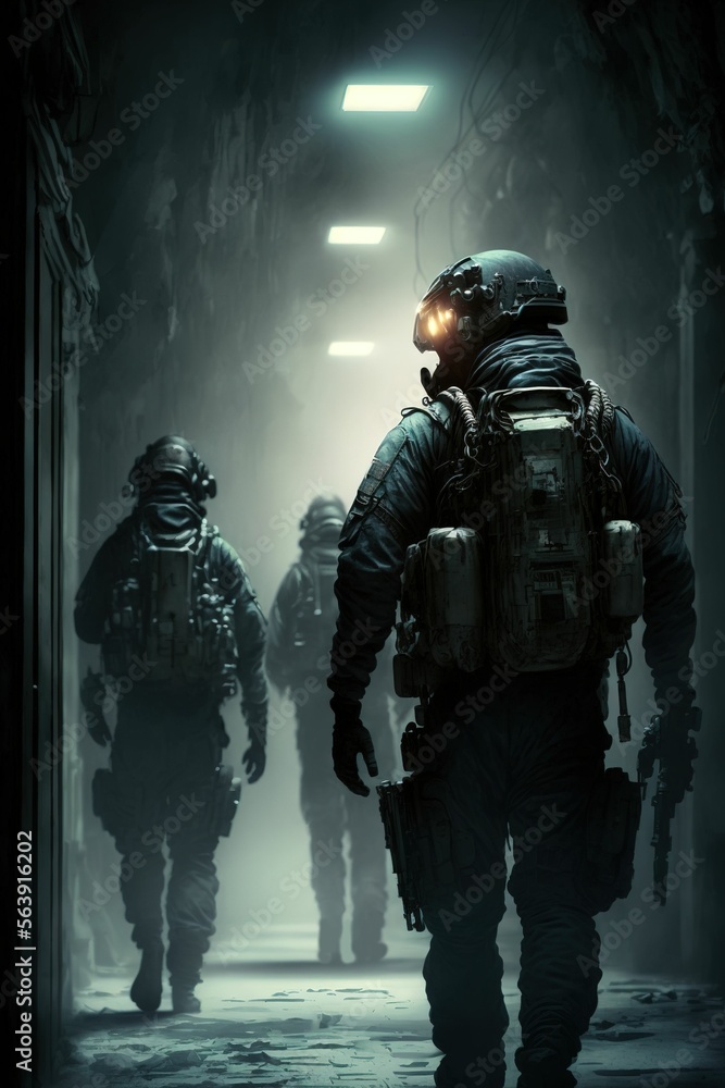 SWAT team in full riot gear patrolling the city ,made with Generative AI SWAT team in full riot gear patrolling the city ,made with Generative AI