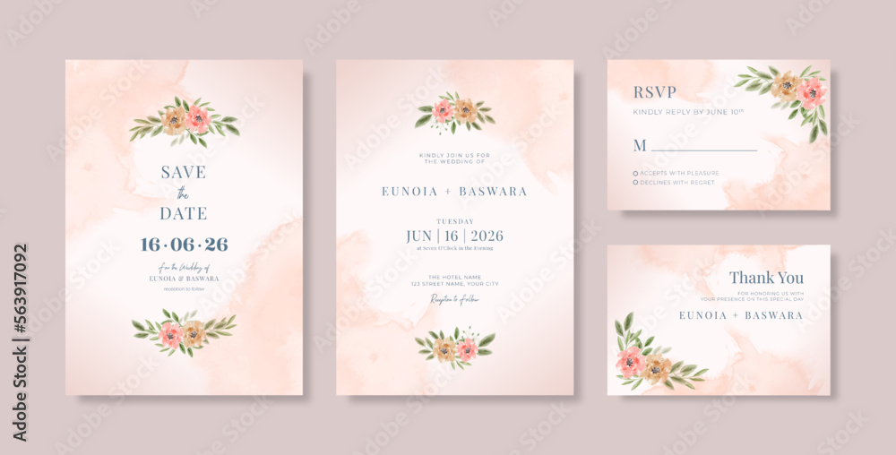 Beautiful wedding invitation template with leaves watercolor
