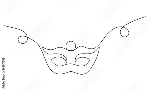 Continuous line drawing of Mardi Gras Carnival mask. One line art. Vector illustration.