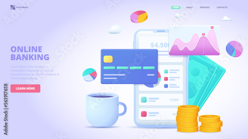 Online banking mobile application illustration vector 3d illustration concept. Three dimensional oncept for landing page, template, ui, web, mobile app, poster, banner, flyer.