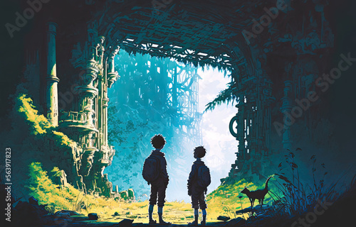 Two Boys Exploring An Ancient Ruin. Generative AI Illustration