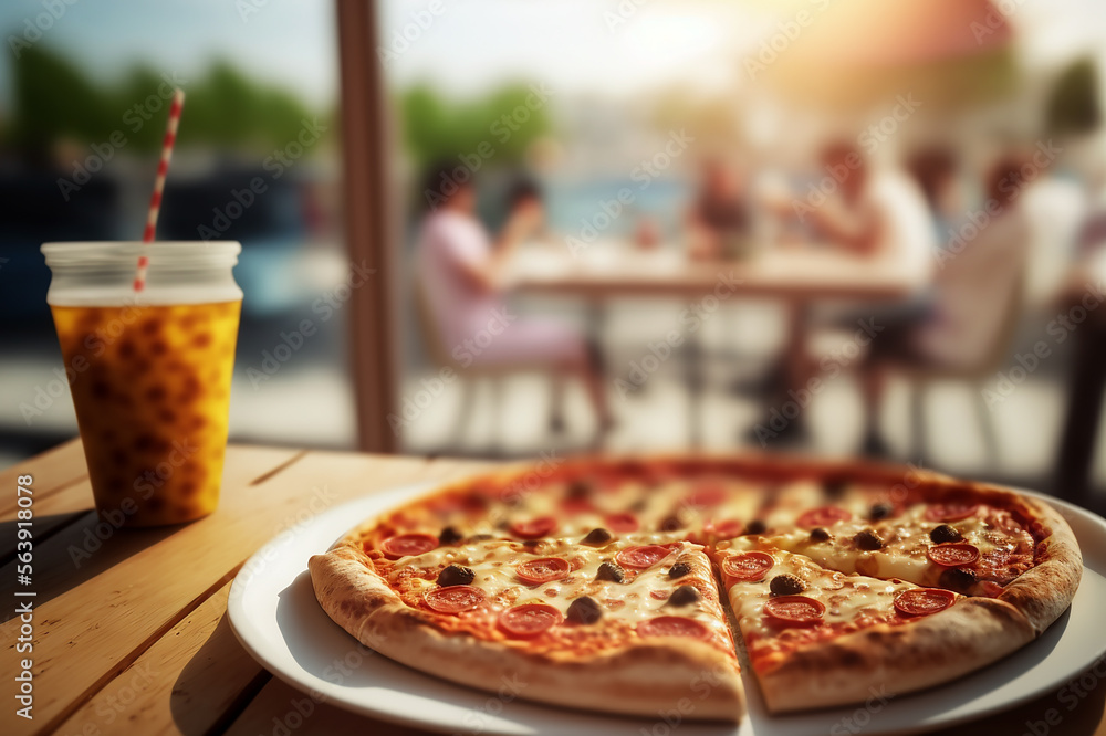 Hot pizza slice with melting cheese on a rustic wooden table. Generative AI Hot pizza slice with melting cheese on a rustic wooden table. Generative AI