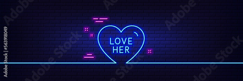 Neon light glow effect. Love her line icon. Sweet heart sign. Valentine day symbol. 3d line neon glow icon. Brick wall banner. Love her outline. Vector