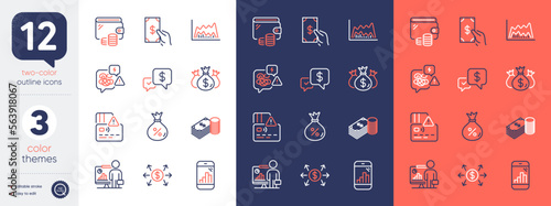 Set of Savings, Check investment and Payment received line icons. Include Card, Teacher, Graph phone icons. Trade chart, Wallet, Receive money web elements. Loan, Stress, Dollar exchange. Vector