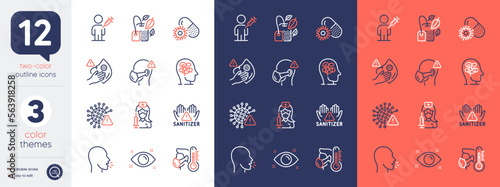 Set of Clean hands, Coronavirus pills and Medical mask line icons. Include Sick man, Covid virus, Cough icons. Health eye, Vaccination, People vaccination web elements. Stress, Mint bag. Vector