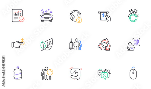 Atm service, Search people and Honor line icons for website, printing. Collection of Computer fingerprint, Recycle, Swipe up icons. Work home, Leaf, Global business web elements. Like. Vector