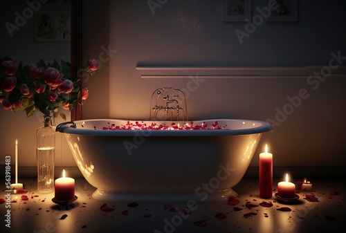 illustration  bathtub with rose petals and candles  Valentine s Day  image generated by AI