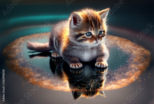 illustration, cat in a puddle of water, image generated by AI