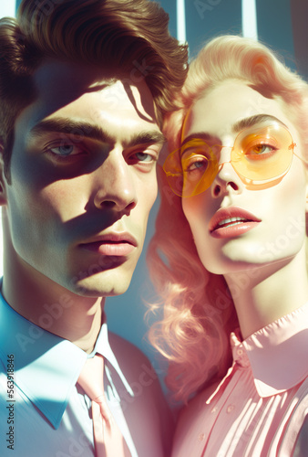 Portrait of a young couple in love, beautiful girl with blond hair and man, whose faces is reflected in the shadows of the sun rays. Illustration, Generative AI.