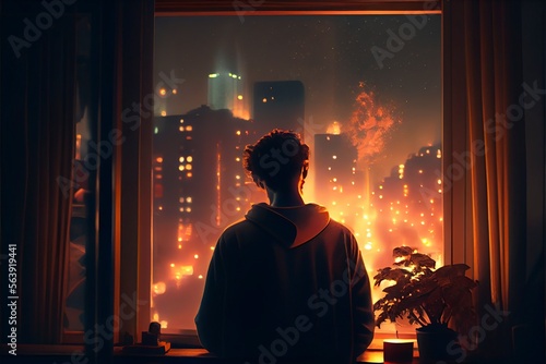 illustration, a young man contemplating the city, image generated by AI
