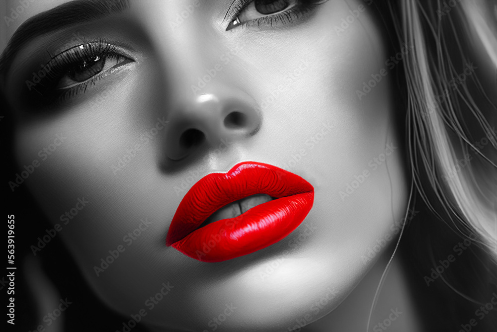 Fototapeta premium Close up portrait of a woman with red lipstick on lips. Beautiful woman face in black and white, make up, fashion. AI generative
