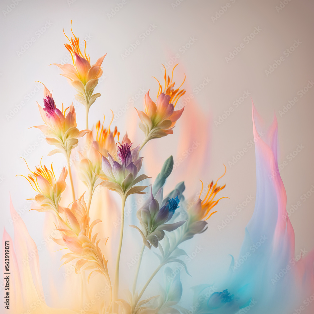 Fototapeta premium Soft pastel Spring background with fresh, blossom flowers and leaves in mist, smoke and Spring dew. Illustration. Generative AI.
