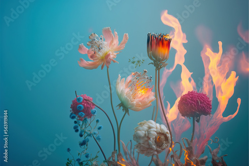Soft pastel Spring background, fresh field flowers in fire flame of iridescent pastel colors in the fog and mist. Spring dew. Illustration. Generative AI.