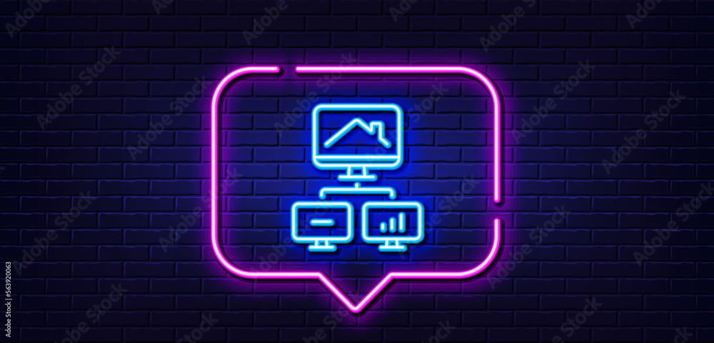 Neon light speech bubble. Work at home line icon. Outsource job sign. Remote office symbol. Neon light background. Work home glow line. Brick wall banner. Vector Neon light speech bubble. Work at home line icon. Outsource job sign. Remote office symbol. Neon light background. Work home glow line. Brick wall banner. Vector