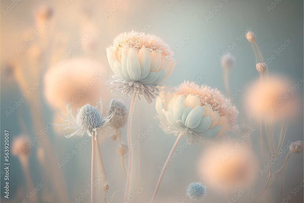 Soft pastel Spring background with fresh, blossom flowers and leaves in mist, smoke and Spring dew. Illustration. Generative AI. - obrazy, fototapety, plakaty 