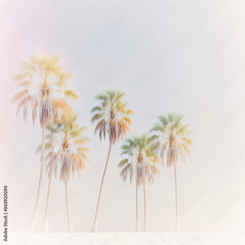 Soft pastel Summer background with fresh, palm leaves and trees in mist, smoke and Spring dew. Fog illustration. Generative AI.