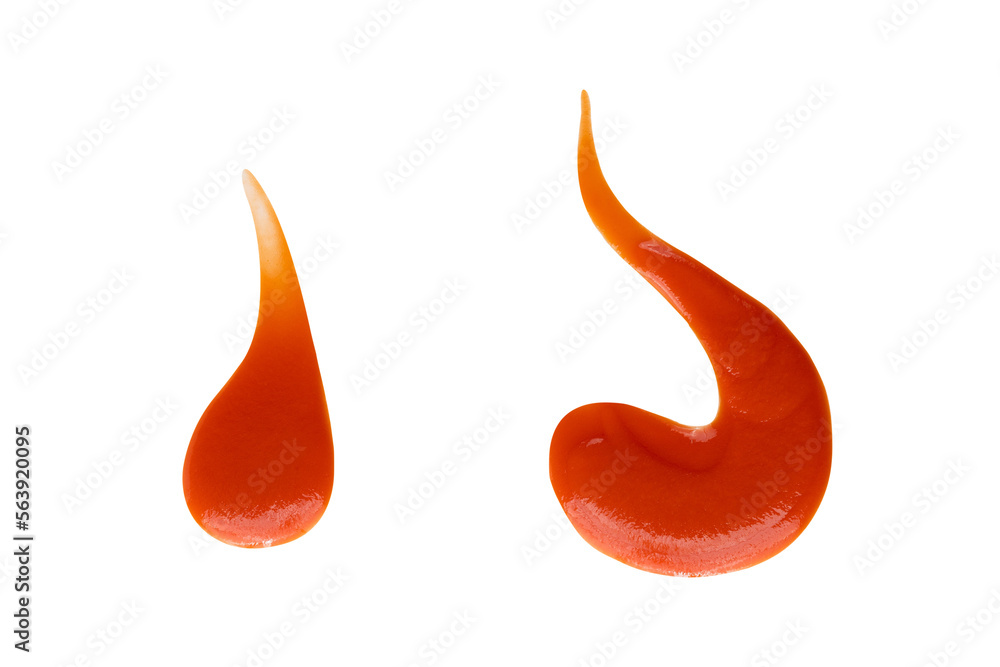 Red drops and splashes of ketchup or sauce isolated on white background. With clipping path. Full depth of field. Focus stacking. PNG Red drops and splashes of ketchup or sauce isolated on white background. With clipping path. Full depth of field. Focus stacking. PNG