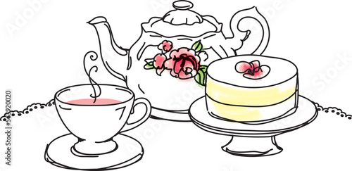 Lineart coloriert englisches Teeservice mit Torte und Rosenmuster