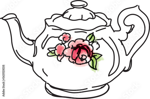 Lineart coloriert Teekanne Rose verspielt