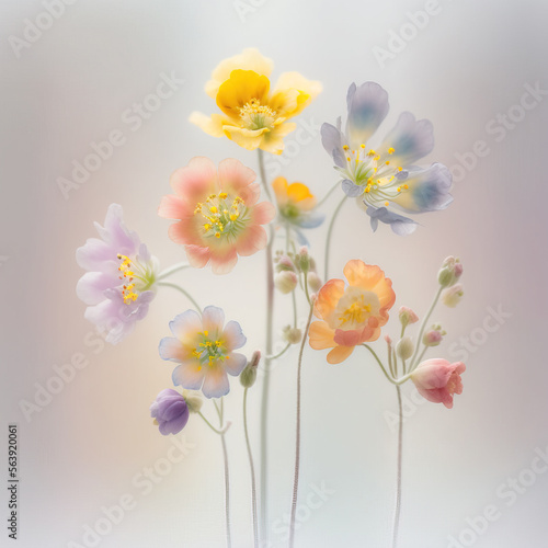 Soft pastel Spring background with fresh, blossom flowers and leaves in mist, smoke and Spring dew. Illustration. Generative AI. © Uncanny Valley