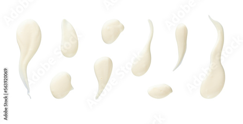 Foto Set of white drops and splashes of mayonnaise or cream sauce isolated on white background