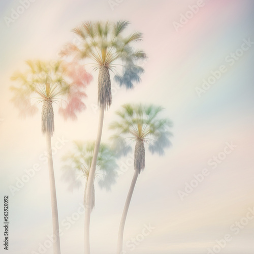 Soft pastel Summer background with fresh, palm leaves and trees in mist, smoke and Spring dew. Fog illustration. Generative AI. © Uncanny Valley