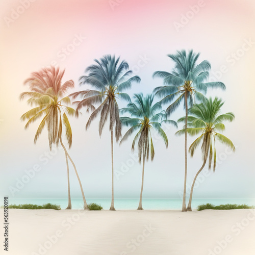 Soft pastel Summer background with fresh  palm leaves and trees in mist  smoke and Spring dew. Fog illustration. Generative AI.