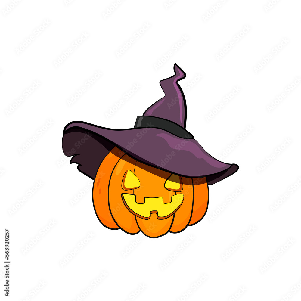 halloween pumpkin with witch hat isolated on white.