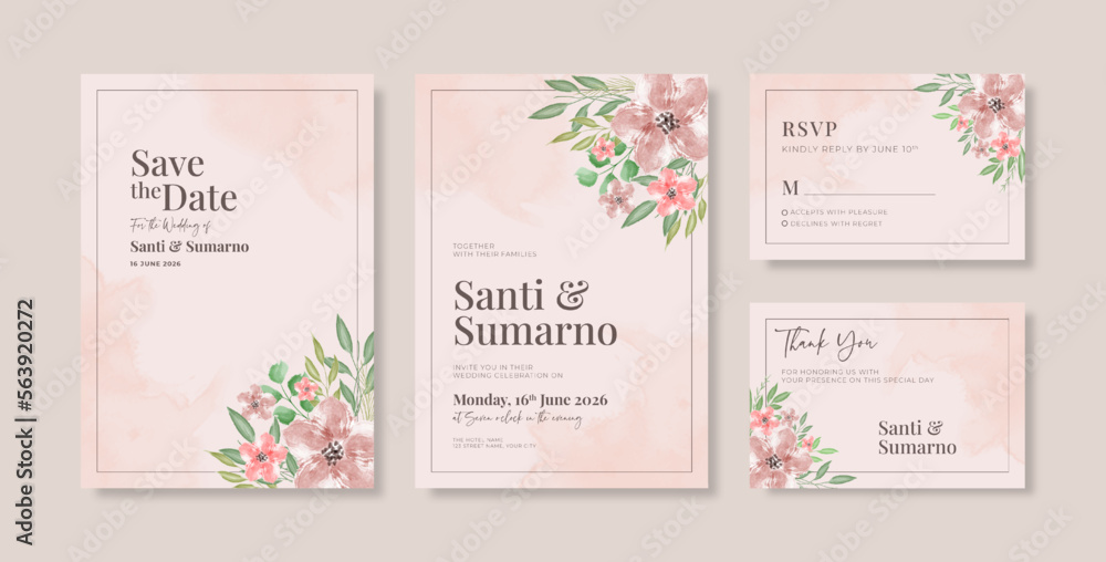 Wedding invitation template with beautiful watercolor flower
