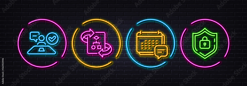 Message, Job interview and Technical algorithm minimal line icons. Neon laser 3d lights. Shield icons. For web, application, printing. Calendar notification, Accepted worker, Project doc. Vector
