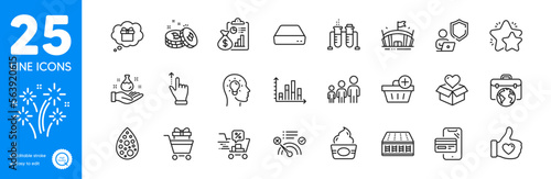 Outline icons set. Ice cream, Artificial colors and Gift dream icons. Star, Add purchase, Arena web elements. Mini pc, Idea head, Mattress signs. Chemistry lab, Business hierarchy. Vector