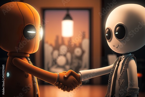 Roboter schließen Vertrag mit Handschlag ab - Business Comic Illustration - KI generiert photo