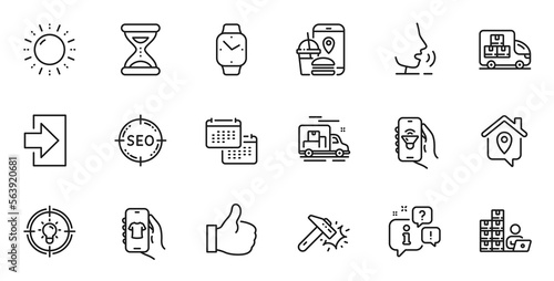 Outline set of Login, Seo and Food app line icons for web application. Talk, information, delivery truck outline icon. Include Time, Delivery truck, Inventory icons. Vector