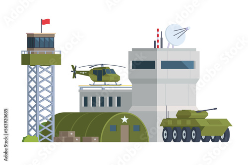 Vector icon set or infographic elements low poly military base buildings for city illustration