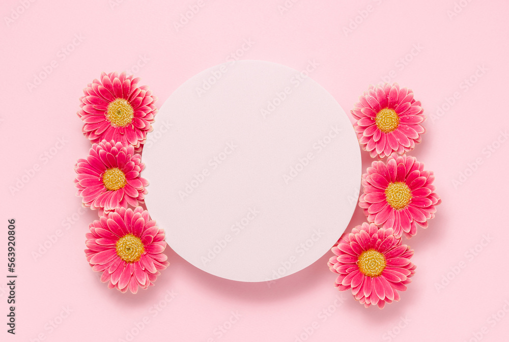 Blank podium with chamomile flowers on pink background top view. Minimal feminine background with copy space for cosmetic, perfume, business branding and product presentation, flat lay