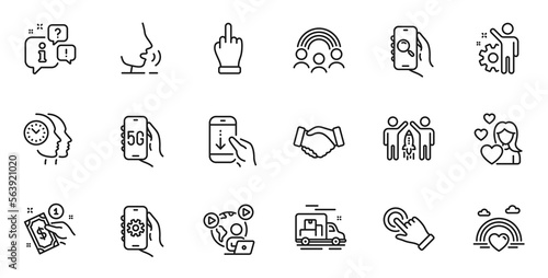 Outline set of Partnership, Video conference and Inclusion line icons for web application. Talk, information, delivery truck outline icon. Include Middle finger, Employee, Search app icons. Vector