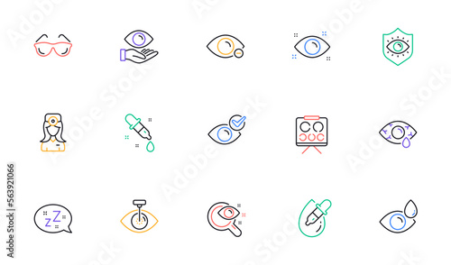 Optometry, Eye doctor line icons. Medical laser surgery, glasses and eyedropper. Pink eye, Cataract surgery and allergy icons. Optician board, oculist chart. Linear set. Vector