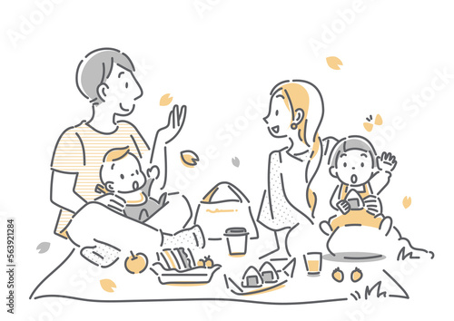 お花見を楽しむ4人家族　シンプルでお洒落な線画イラスト © fumi